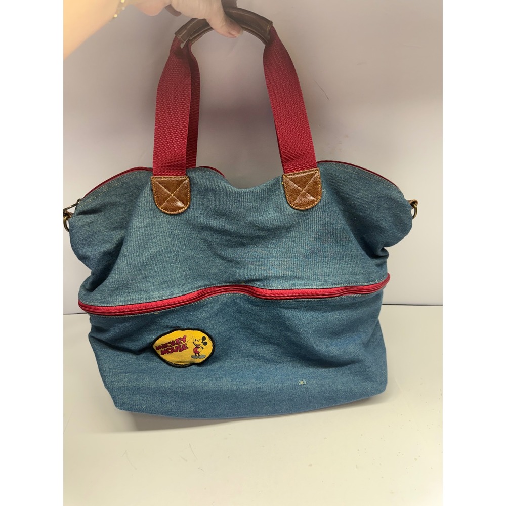 Vintage Disney Mickey Mouse Denim Tote Bag Blue Red Zipper Pockets Retro